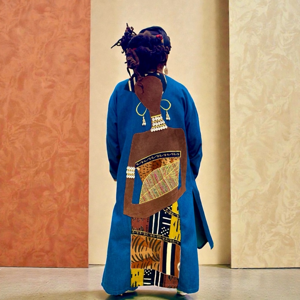 Vtg 90s Molato Jacket XL Denim Long Duster Abstract African Tribal Art Cowrie 2X - Picture 1 of 11